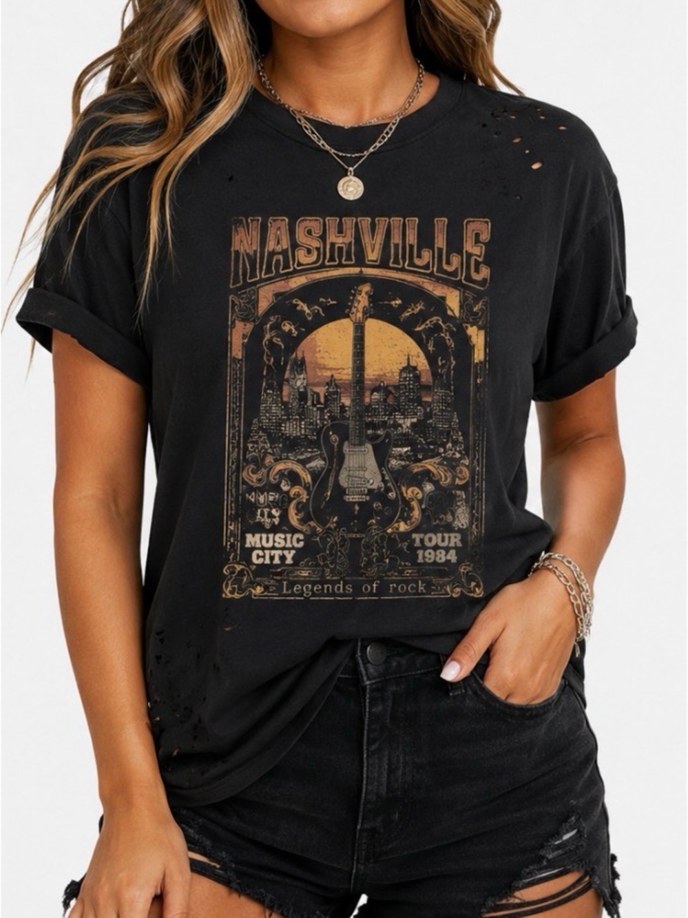 Nashville Music City Distressed Black Graphic Tee Guitar Rock Western T-Shirt